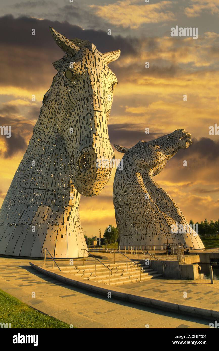 The Kelpies  on Forth and Clyde Canal . Kelpie art.  Dramatic Digitally manipulated version,  Helix Public Park,  Falkirk, Stirlingshire, Central, Sco Stock Photo