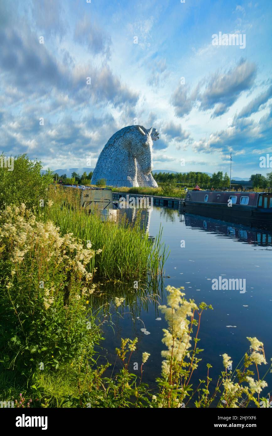 The Kelpies with bright and colourful wild flowers on Forth and Clyde Canal bank.  Helix Public Park,  Falkirk, Stirlingshire, Central, Scotland, UK. Stock Photo