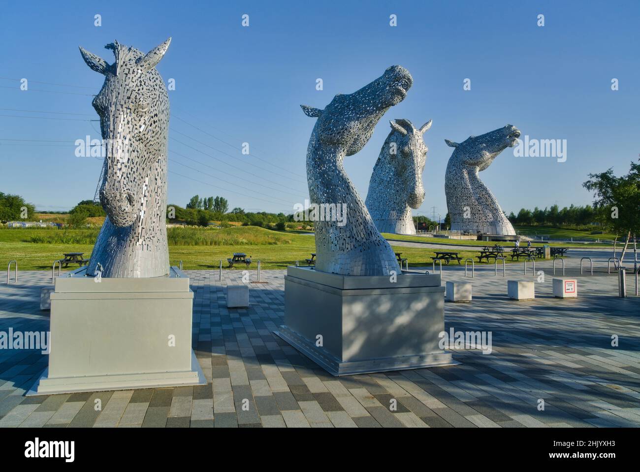 The Kelpies  large and small replicas, on Forth and Clyde Canal bank.  Helix Public Park,  Falkirk, Stirlingshire, Central, Scotland, UK. Stock Photo