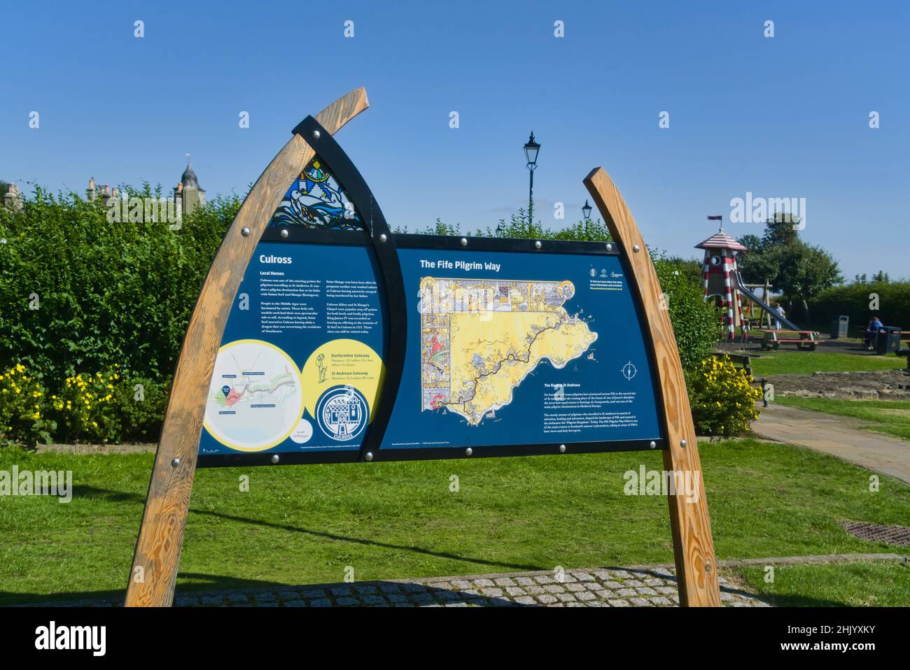 Ancient Culross village of Coastal Path. Sign and map at car park .  showing way to village and rest of Fife Coastal Path.    Culross, Fife, Scotland, Stock Photo