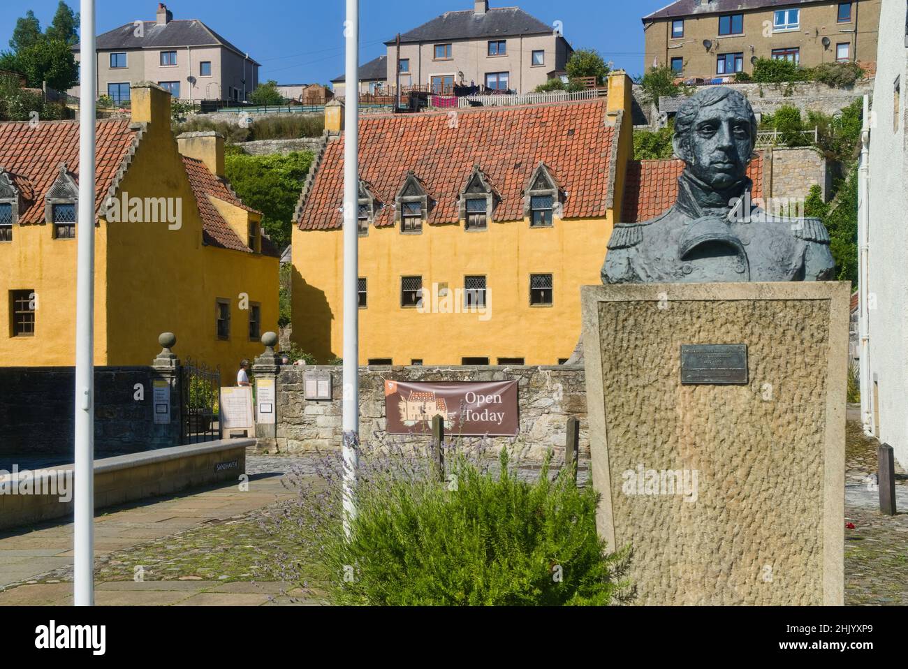 Ancient Culross village on Fife Coastal Path. Showing Statue, bust of