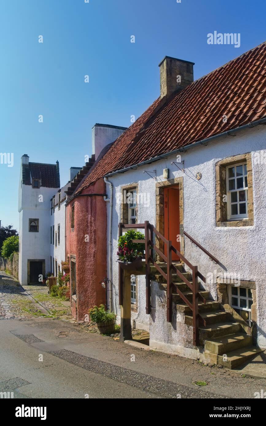 Ancient Culross village on Fife Coastal Path.  Showing some of the colourful ancient buildings in Kirk Street,   Culross, Fife, Scotland, uk Stock Photo