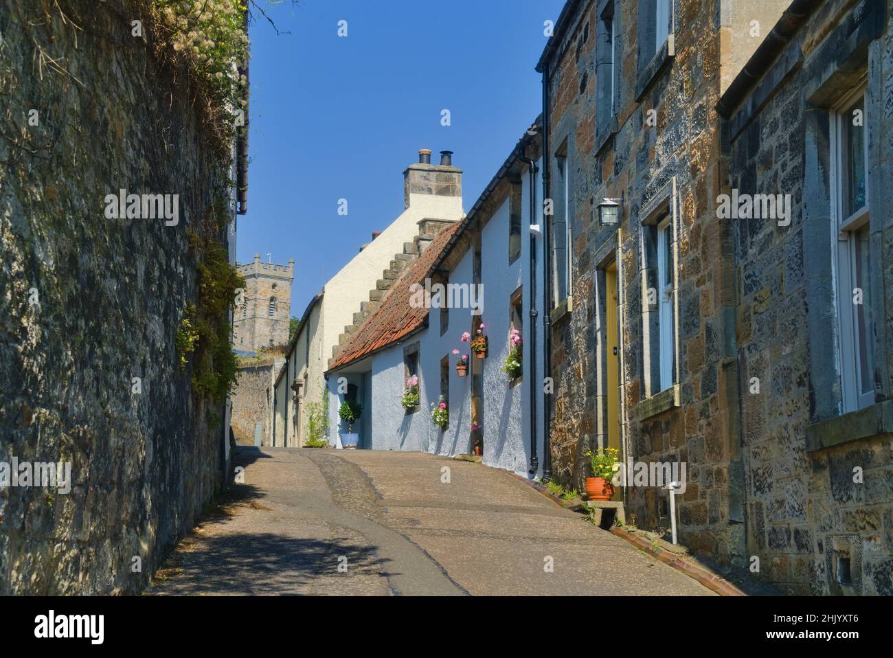 Ancient Culross village on Fife Coastal Path. ancient harled buildings