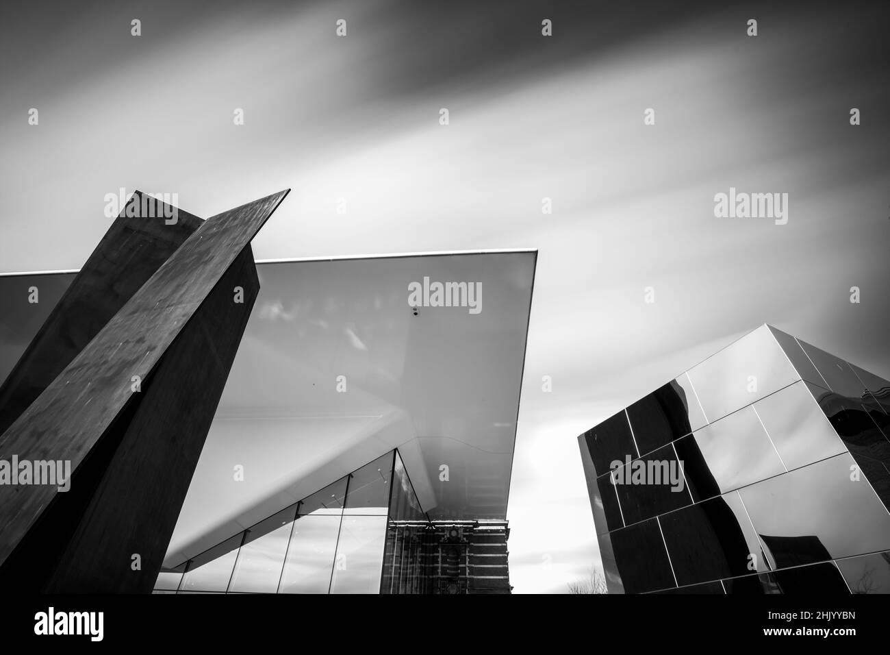 Black and white abstract detail of the modern Van Gough  museum glass and concrete facade of glass and concrete with angulay patterens Amsterdam Holla Stock Photo