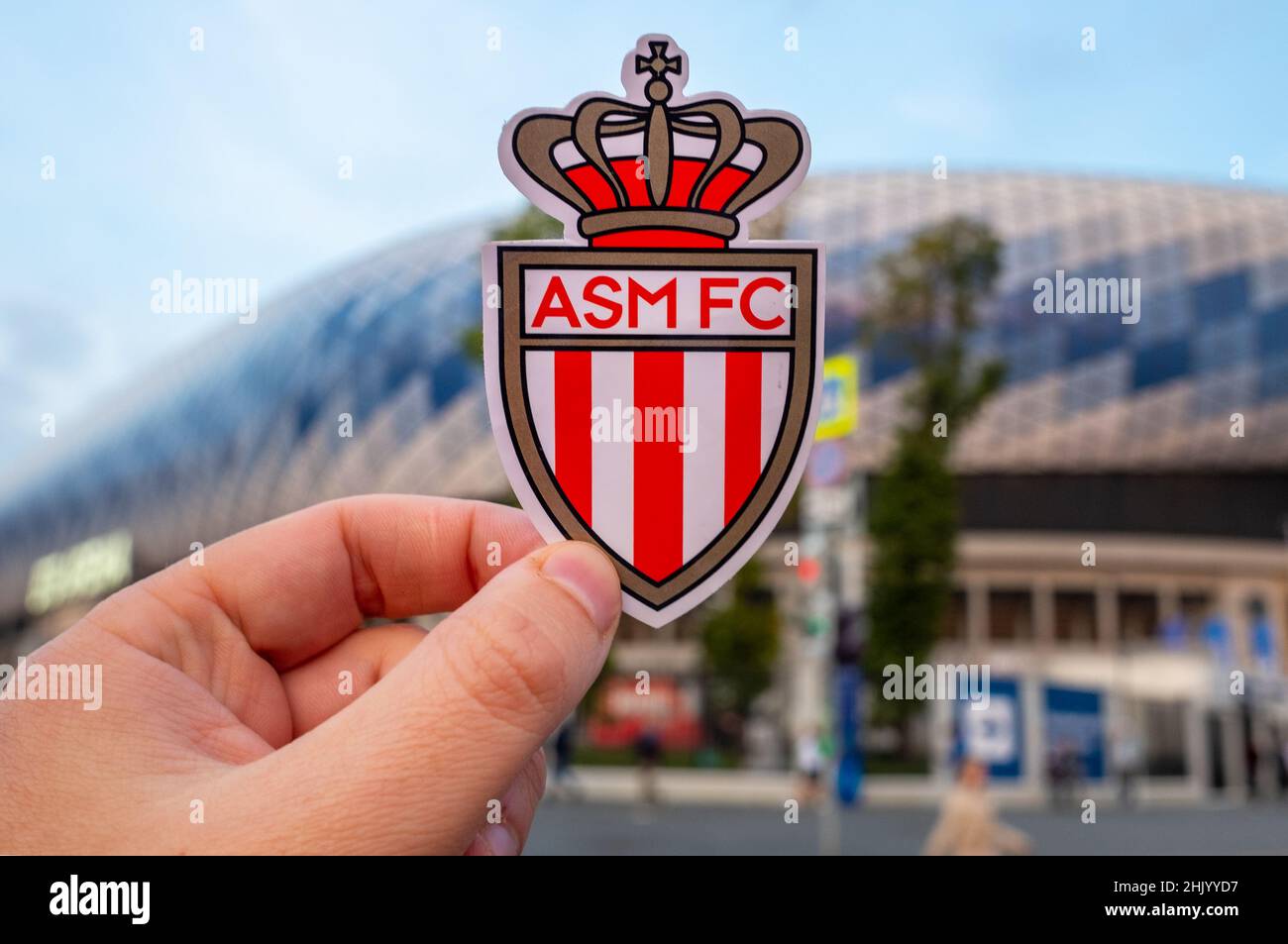 September 12, 2021, Monaco. The emblem of the football club AS Monaco FC in  front of the modern stadium Stock Photo - Alamy
