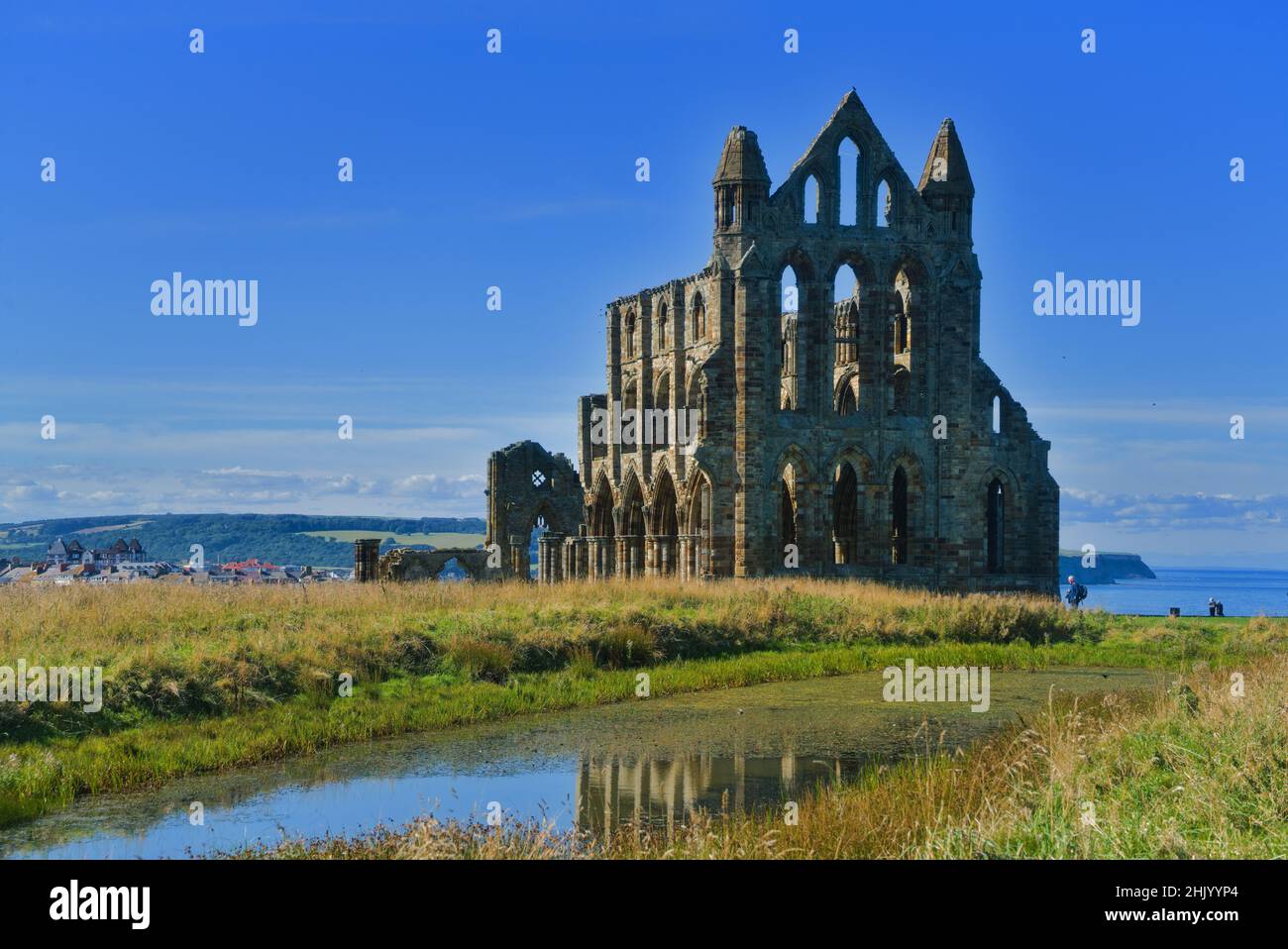 Whitby Abbey with reflections, looking north,  North Yorkshire coast , England, UK. Stock Photo