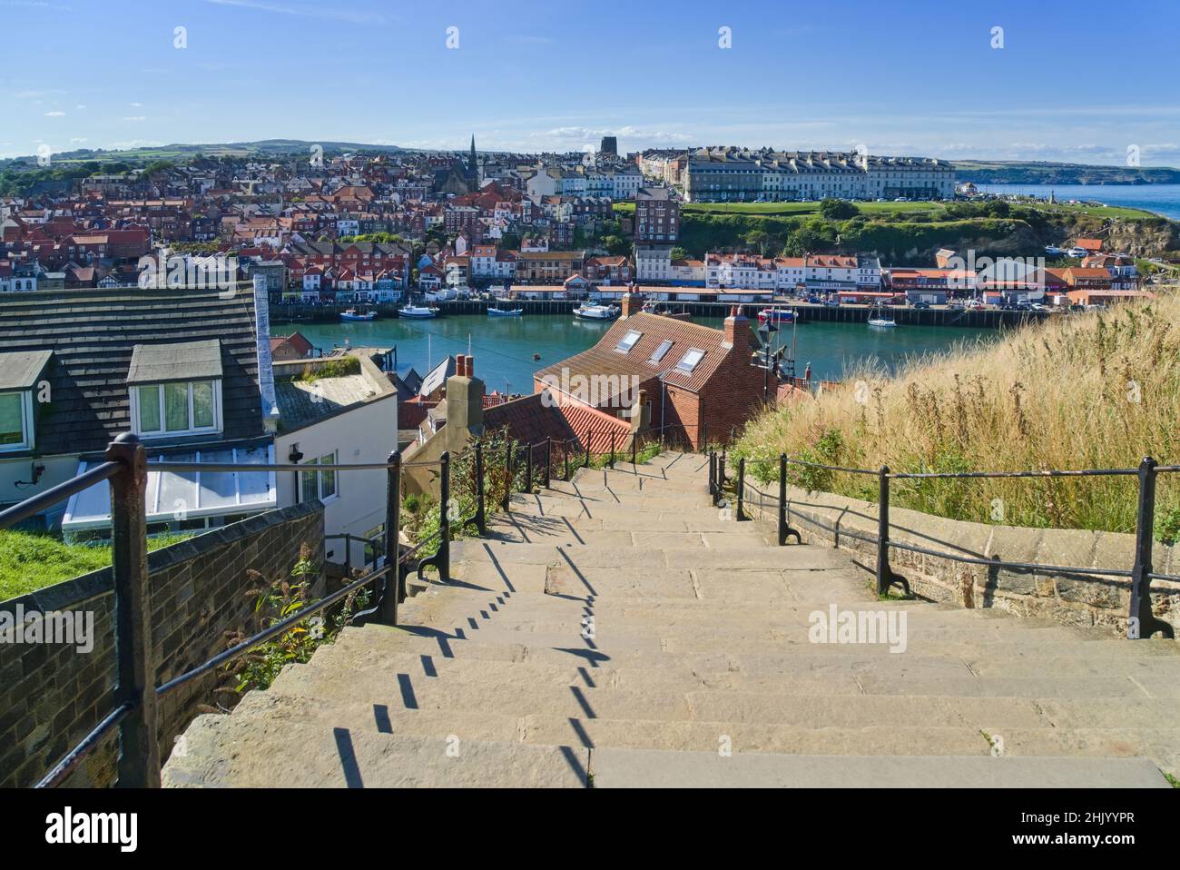 Whitby, looking down famous 199  'steps' to Whitby town  at Church of St  Mary on the hill,  North Yorkshire coast , England, UK. Stock Photo