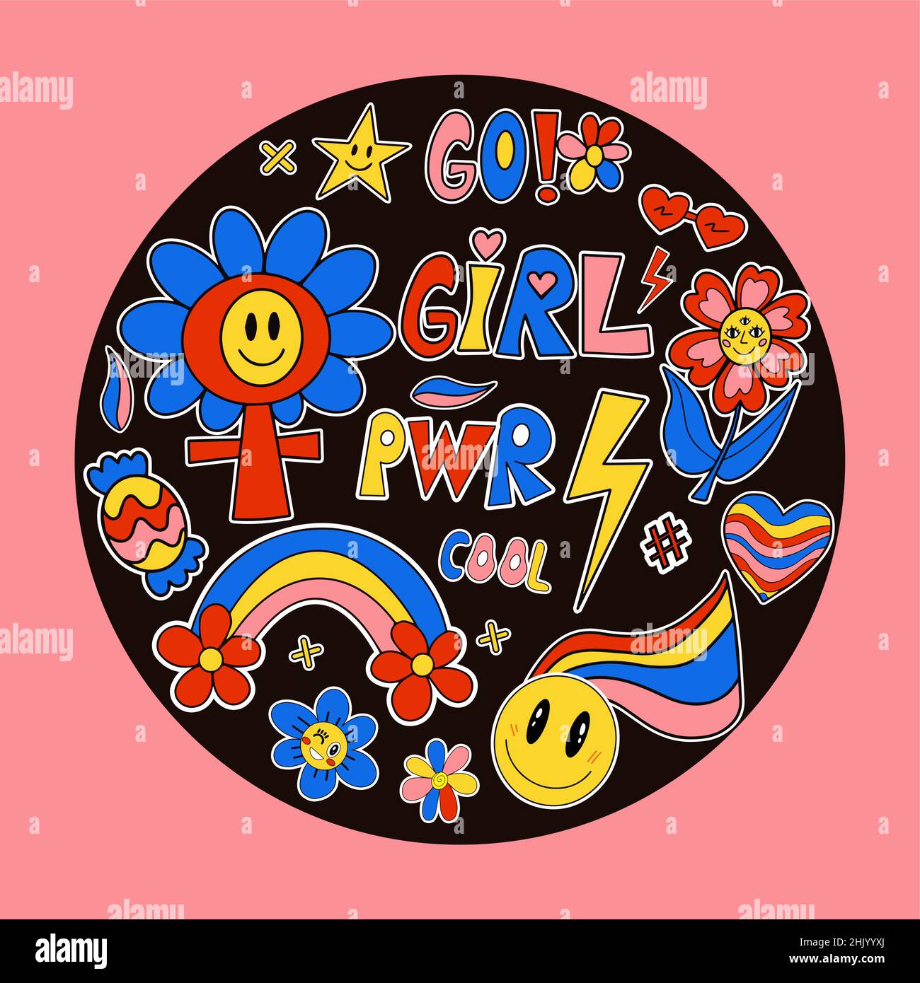 Girl power poster in round shape with fashion patch badges. Feminism