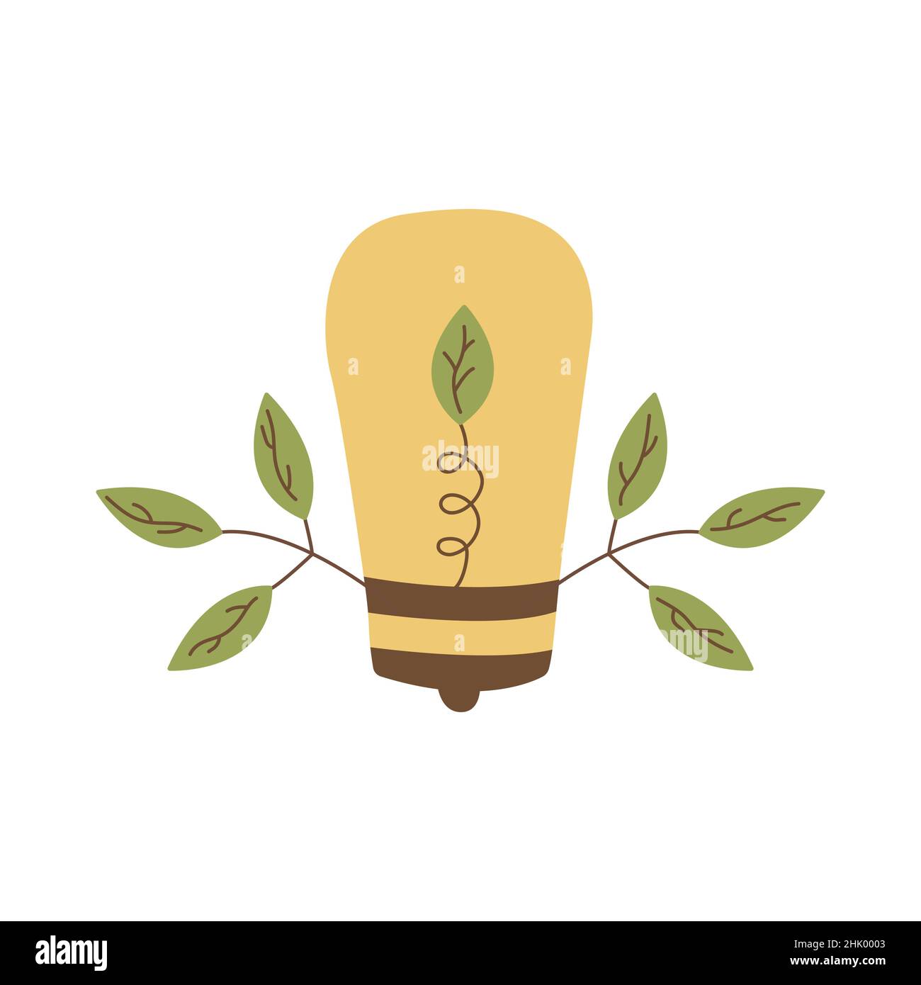 Earth Hour. Light bulb with a leaf inside and on the sides. Save the planet. Colorful hand drawn vector isolated illustration. Icon clip art Stock Vector