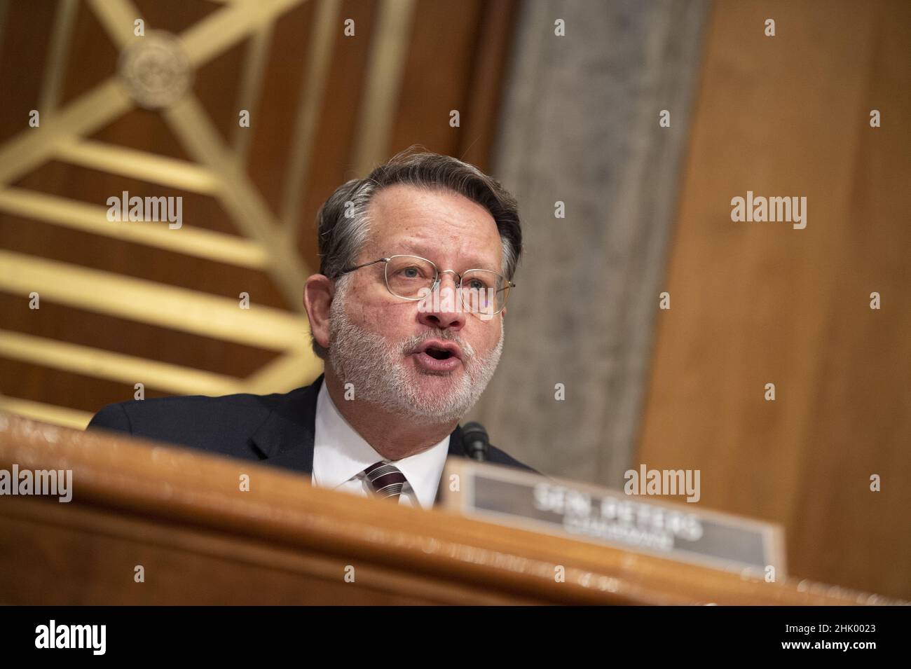 Washington, United States. 01st Feb, 2022. Chairman of the Senate Homeland Security and Governmental Affairs Committee Sen. Gary Peters, D-MI, .speaks during a hearing to examine nominations of Shalanda D. Young, from Louisiana, to be Director and Nani Coloretti, from California, to be Deputy Director of the Office of Management and Budget at the US Capitol . in Washington, DC on Tuesday, February 1, 2022. Photo by Bonnie Cash/UPI. Credit: UPI/Alamy Live News Stock Photo