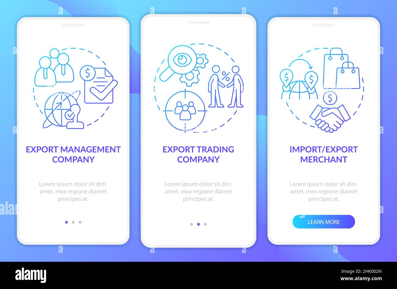 Types of export business blue gradient onboarding mobile app screen ...