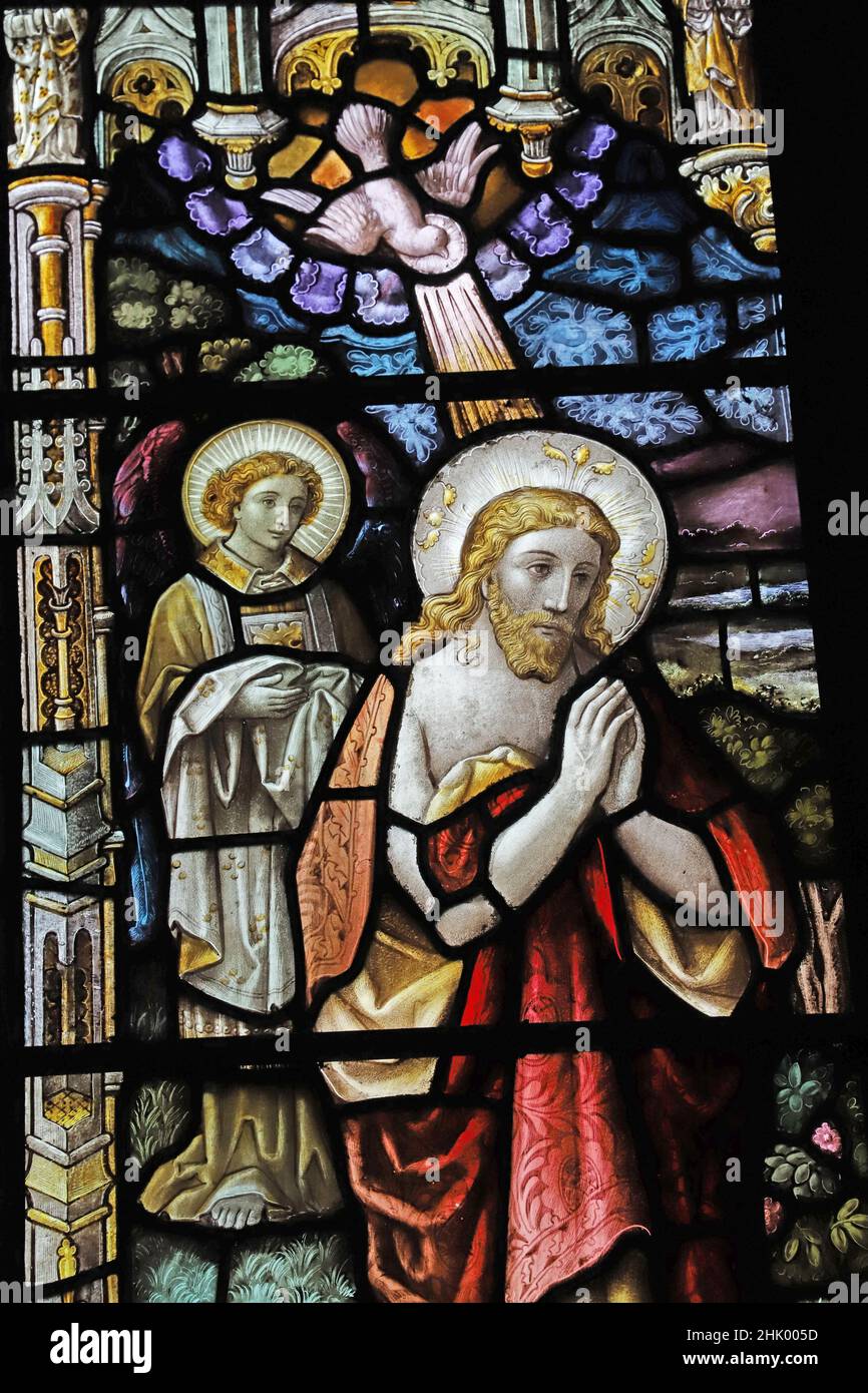 A stained glass window by F.A Oldaker depicting The Baptism of Christ, Christ Church, Swindon, Wiltshire Stock Photo