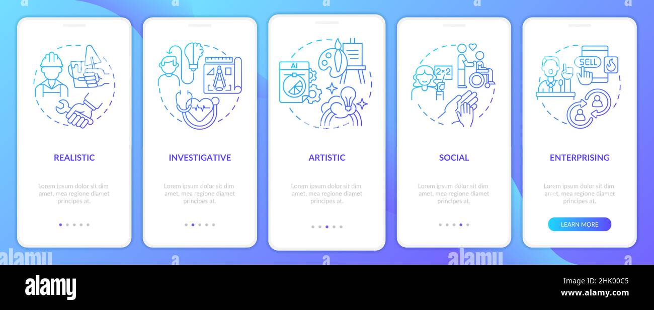 Office environment types blue gradient onboarding mobile app screen Stock Vector