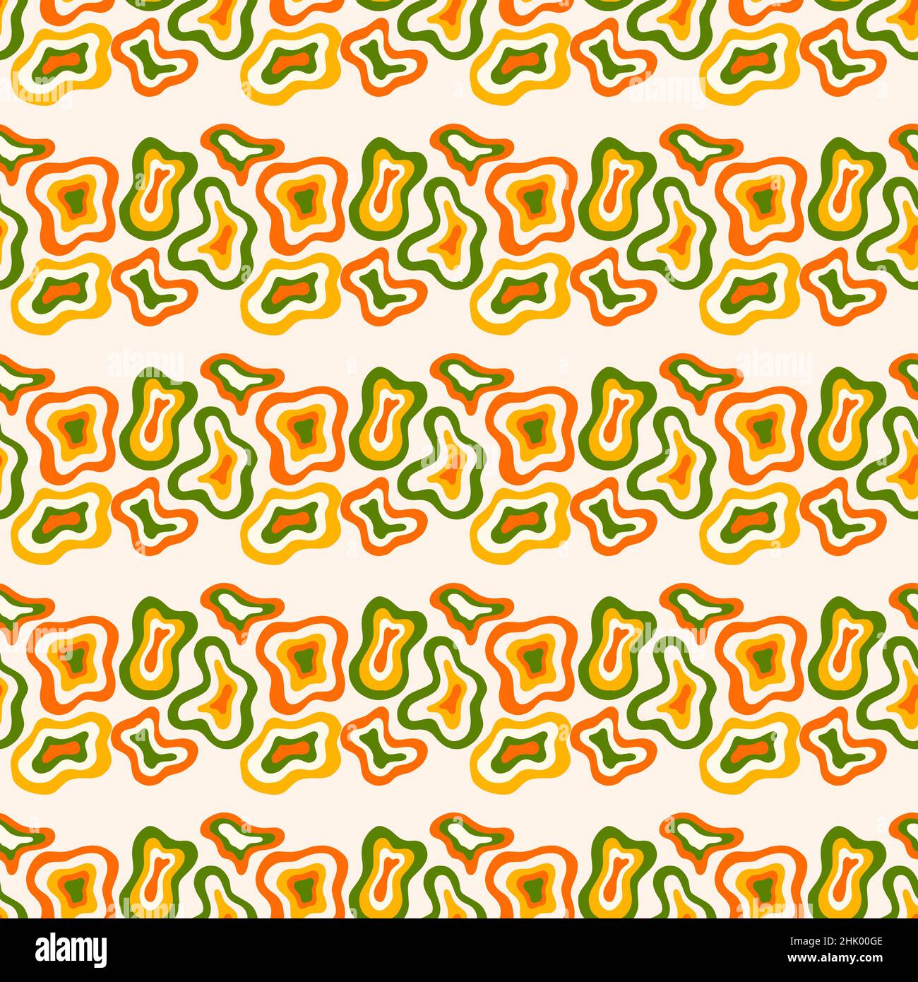 Seamless pattern abstract multicolored flowing shapes on a beige background. Spots are located in each other, curved wavy. Vector illustration hand dr Stock Vector