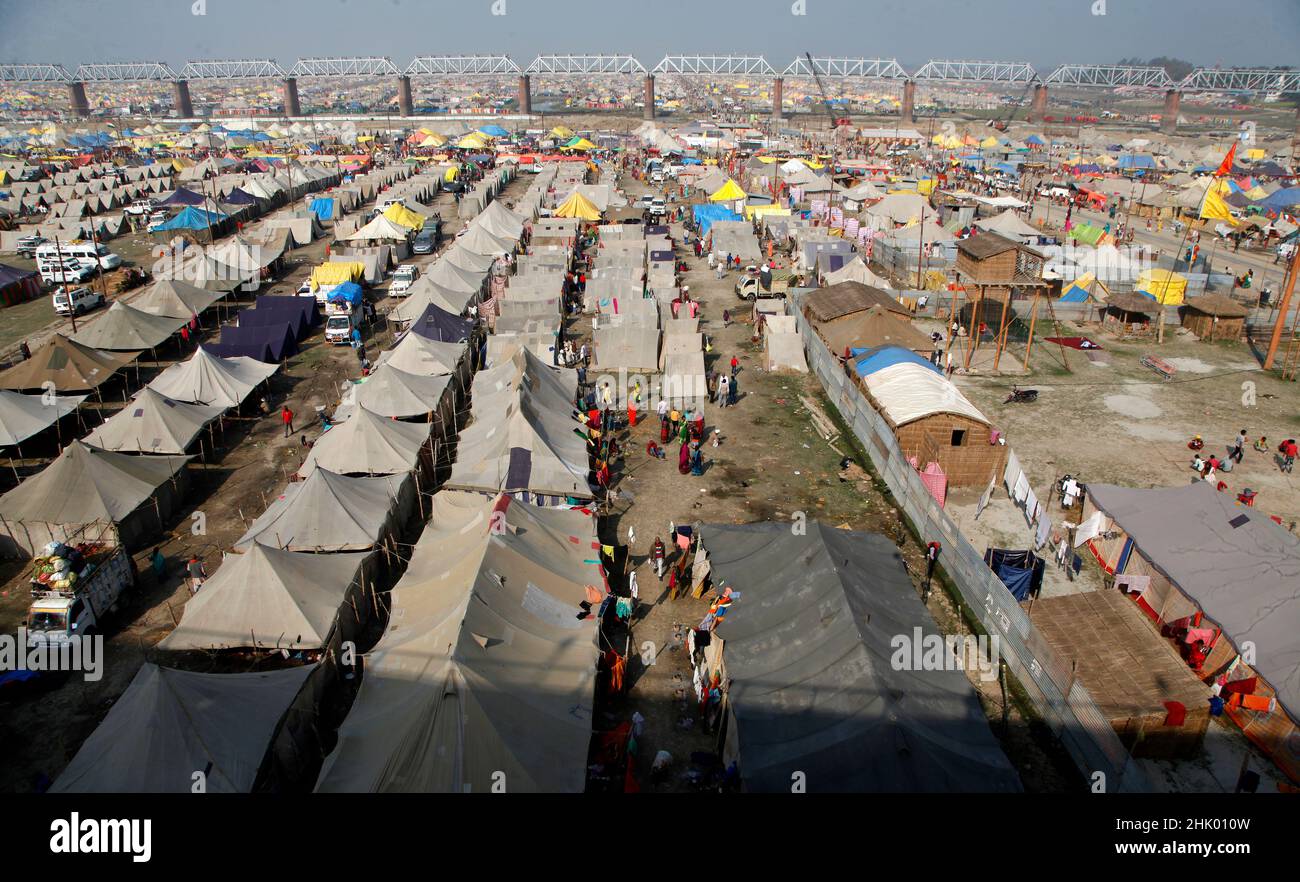 A general view of Magh Mela area where devotees stays for onevand half month and take holy bath in River Ganges and Sangam in Prayagraj India. Stock Photo