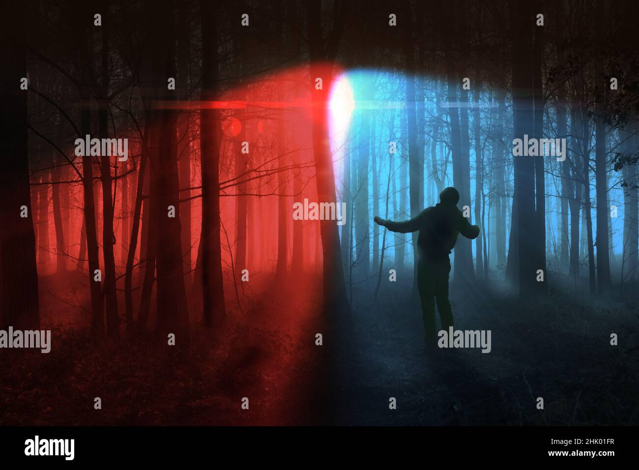 Dark woodland forest with a man spotted on the run under red and blue search lights. Criminal concept in winter trees landscape Stock Photo