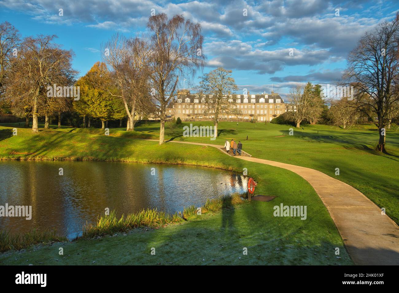 Gleneagles Hotel,  Gardens,  lake, pond, looking to Hotel,  Auchterarder, Perthshire,  Scotland. UK Stock Photo