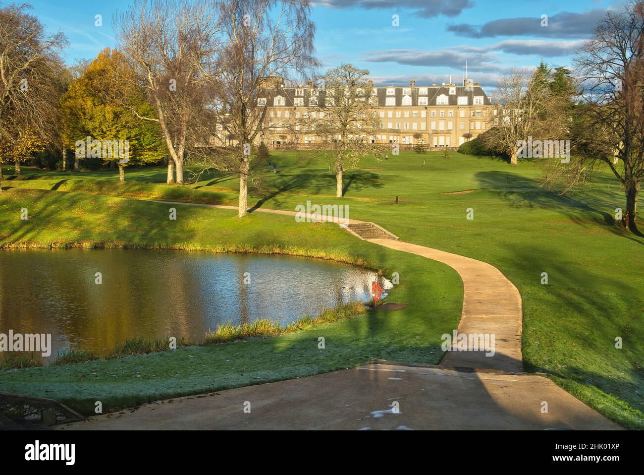 Gleneagles Hotel, Gardens, path past lake, pond, looking to Hotel