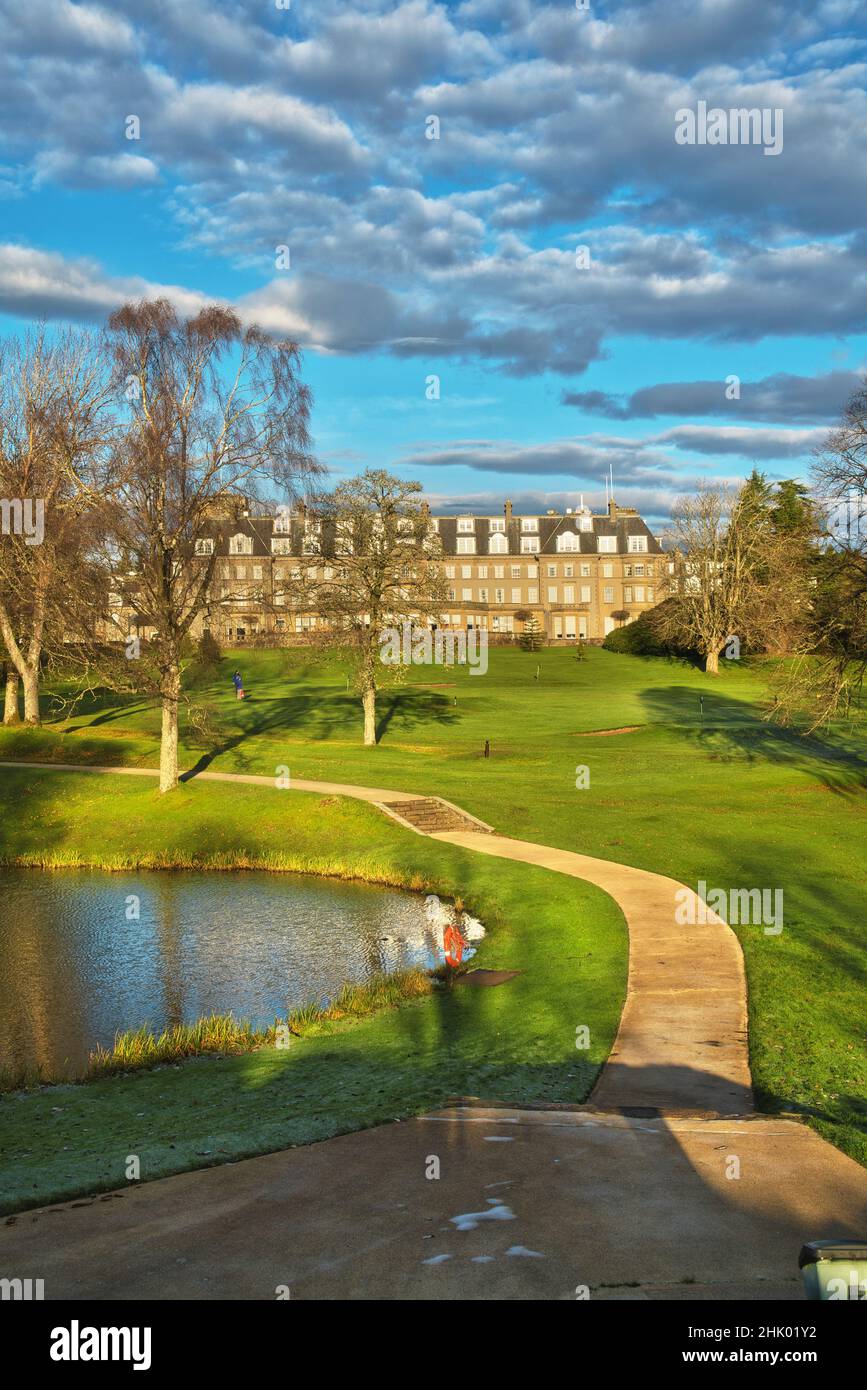 Gleneagles Hotel, Gardens, path past lake, pond, looking to Hotel