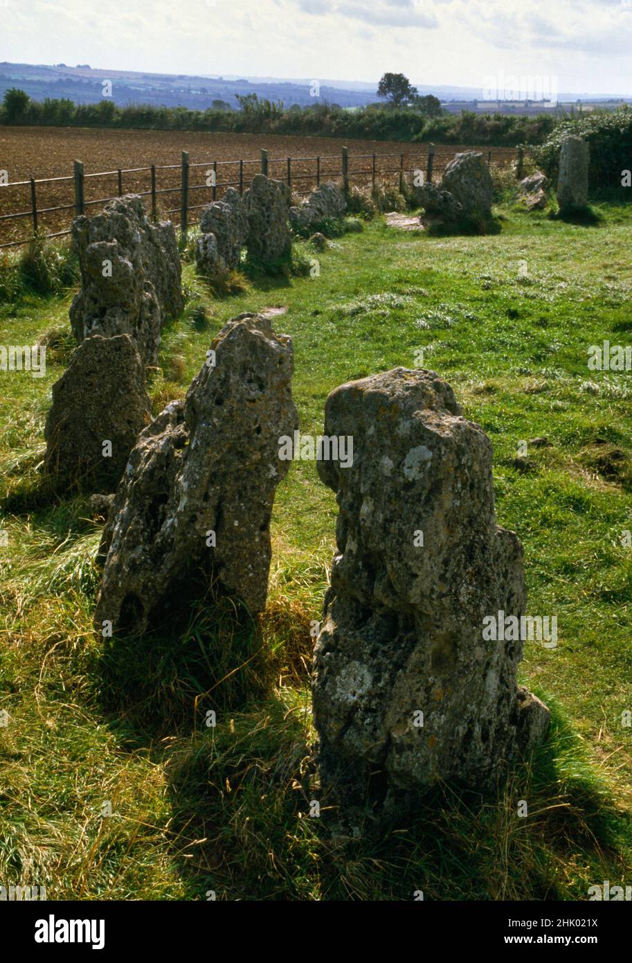 View S along E arc of the Rollright Stones late Neolithic stone circle (the King's Men), Oxfordshire, England, UK. Originally 100+ limestone pillars. Stock Photo