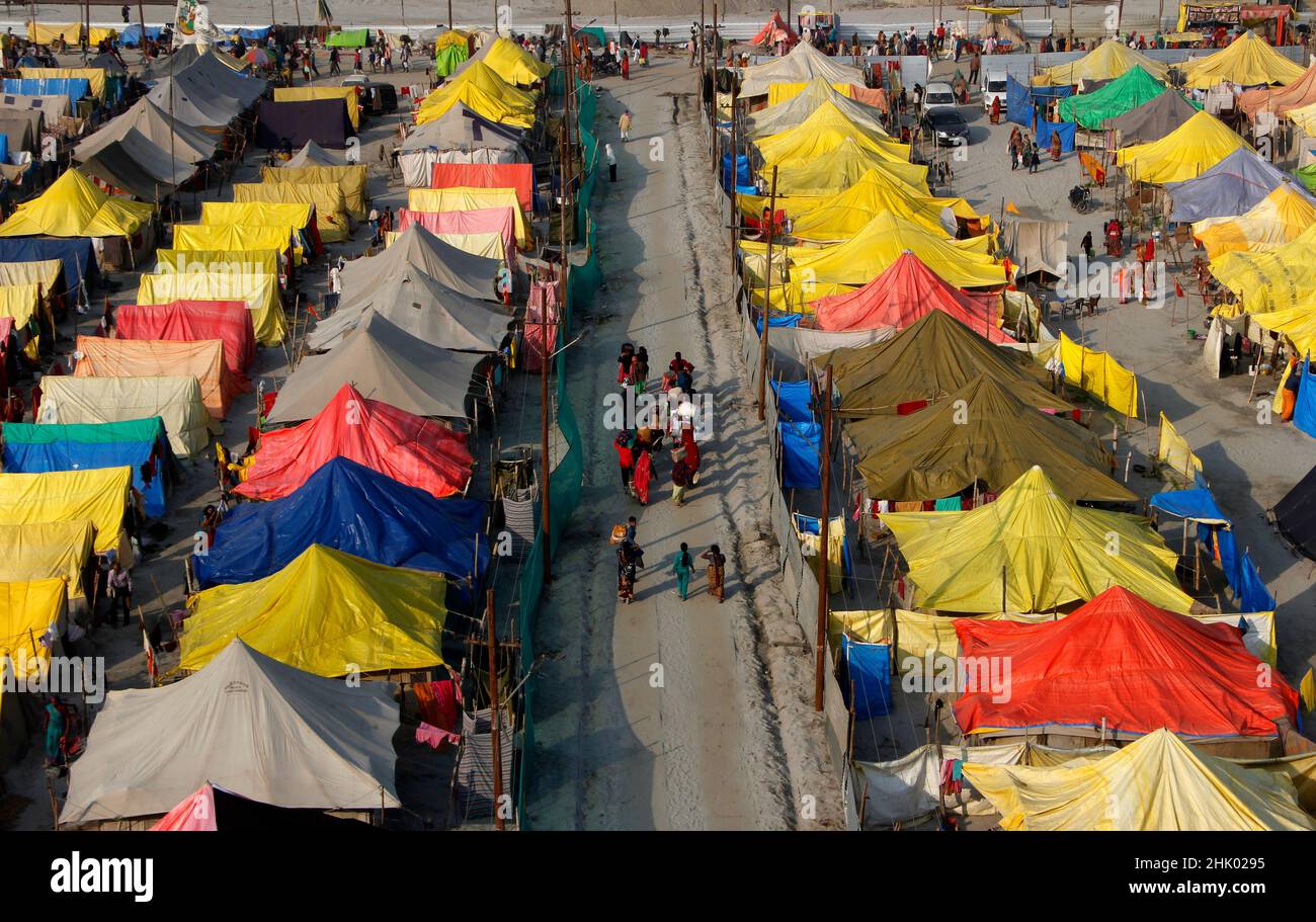 A general view of Magh Mela area where devotees stays for onevand half month and take holy bath in River Ganges and Sangam in Prayagraj India. Stock Photo