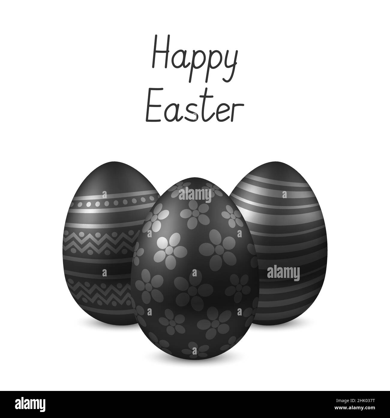Vector Happy Easter greeting card with eggs. Text Happy Easter. Self-made font. Three black painted easter eggs. 3D illustration Stock Vector