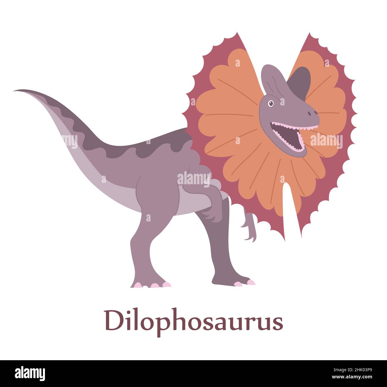 Ancient lizard Dilophosaurus in attack. Dinosaur predator of the Jurassic period. Frightening look. Vector isolated cartoon illustration Stock Vector