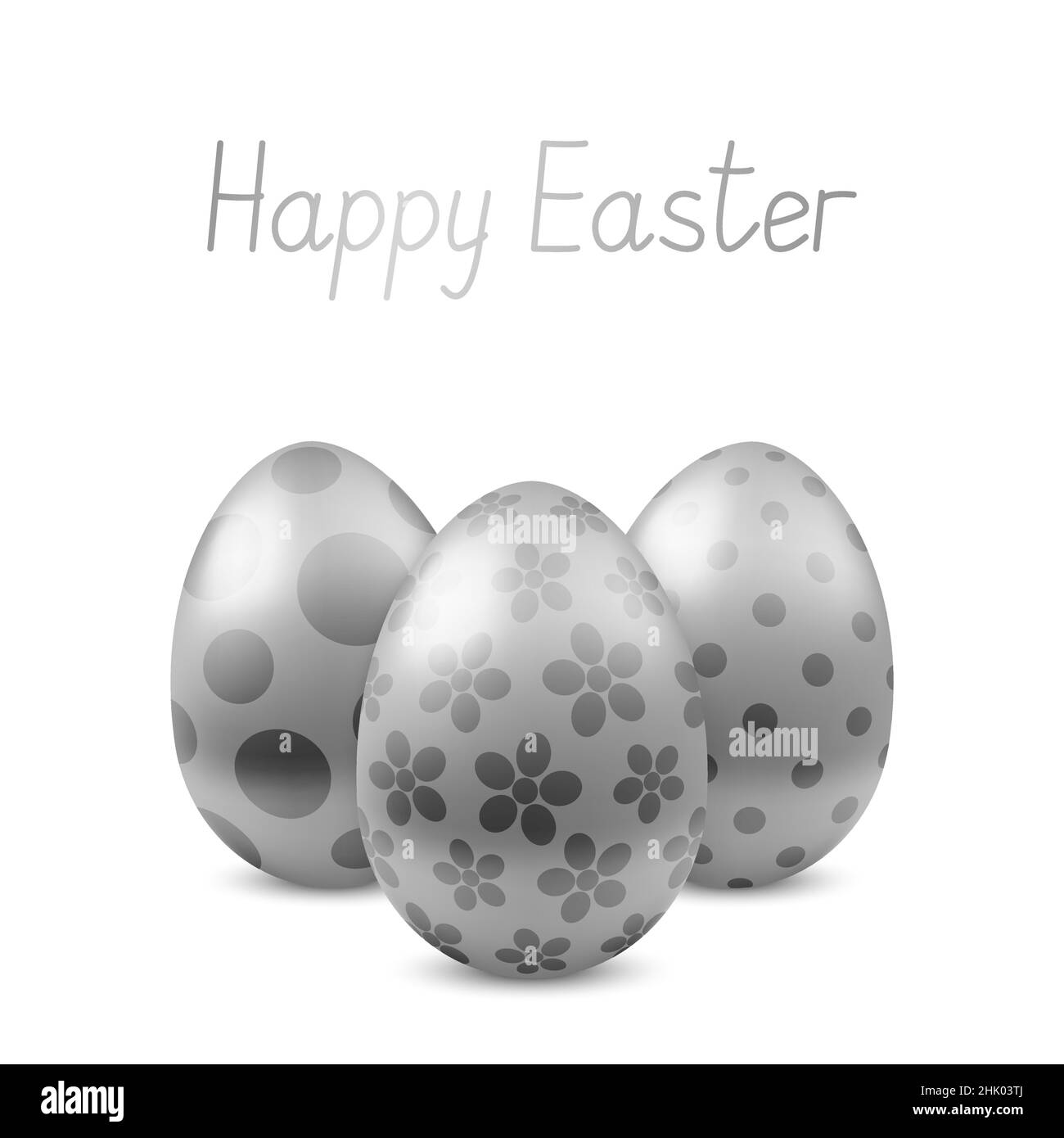 Vector Happy Easter greeting card with eggs. Text Happy Easter. Self-made font. Three silver painted easter eggs. 3D illustration Stock Vector