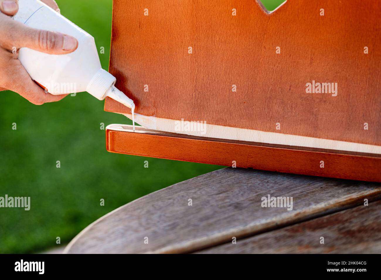 Person applies wood glue to glue loose boards from a broken chair Stock