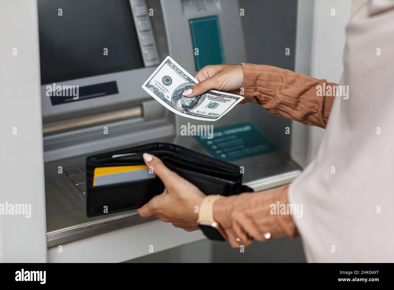 Withdraw money, transfer funds, pay financial bills, transactions, banking and people Stock Photo