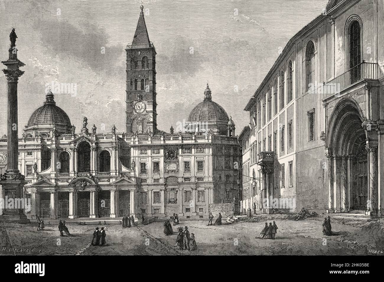 Basilica Santa Maria maggiore and Saint Anthony convent, Rome. Italy, Europe. Old 19th century engraved illustration from Trip to Rome by Francis Wey, Le Tour du Monde 1870 Stock Photo