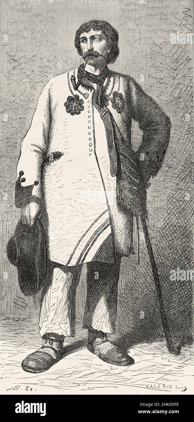 Slavonic peasant, Slavonija region of Croatia, Europe. Old 19th century engraved illustration from Voyage to the Southern Slavs by Georges Perrot, Le Tour du Monde 1870 Stock Photo