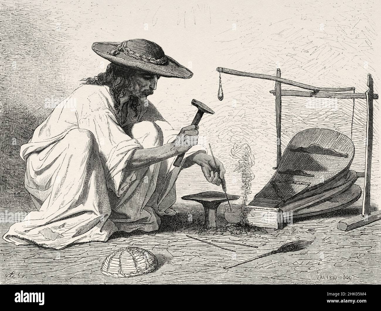 Gypsy blacksmith, Slavonija region of Croatia, Europe. Old 19th century engraved illustration from Voyage to the Southern Slavs by Georges Perrot, Le Tour du Monde 1870 Stock Photo
