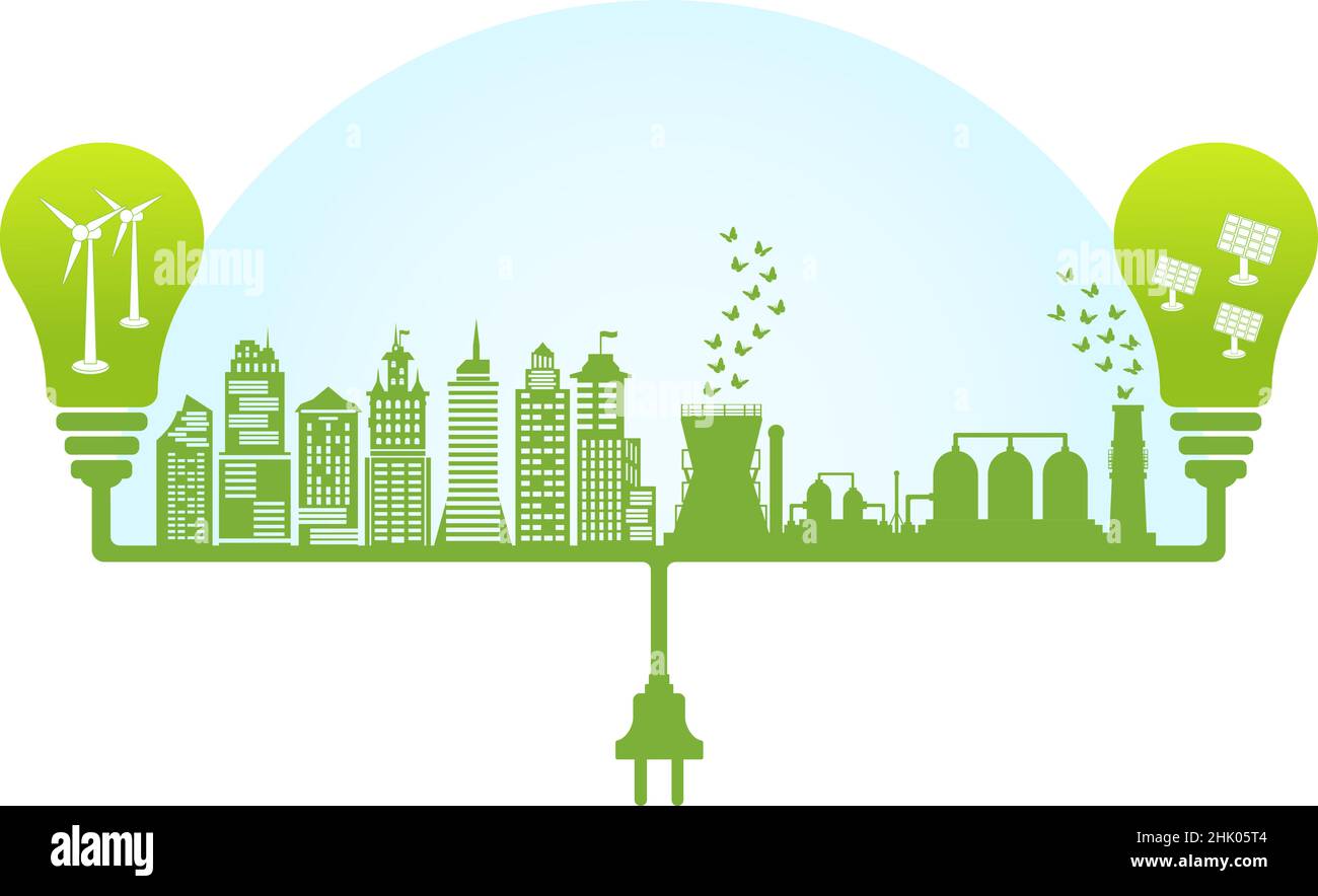 Silhouette green city and large plant with renewable energy sources ...