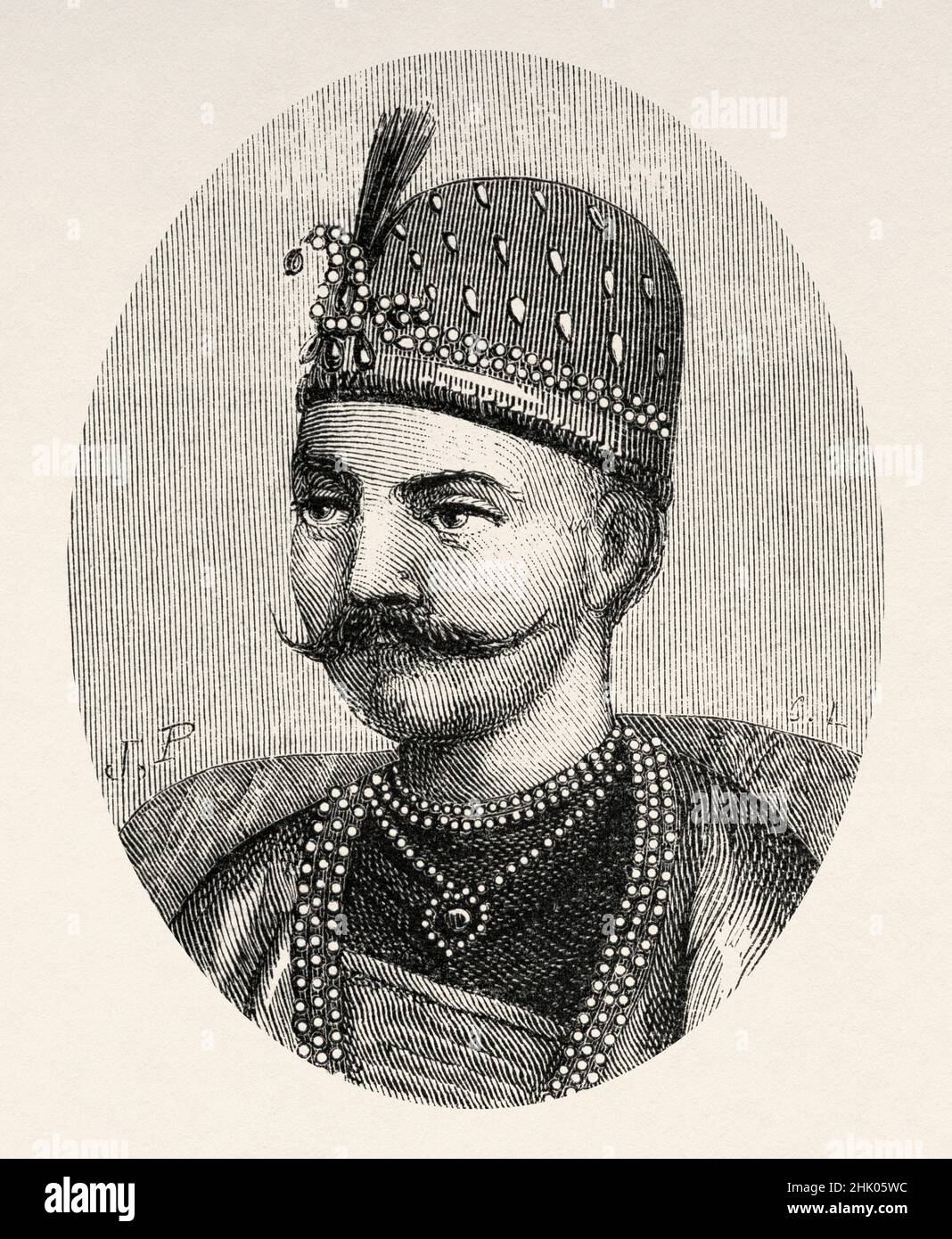 Portrait of Tantia Tope. Tatya Tope (1814-1859) was a general in the Indian Rebellion of 1857, executed by the British Government at Shivpuri on 18 April 1859, India, Asia. Old 19th century engraved illustration from Trip to Punjab and Kashmir by Guillaume Lejean, Le Tour du Monde 1870 Stock Photo