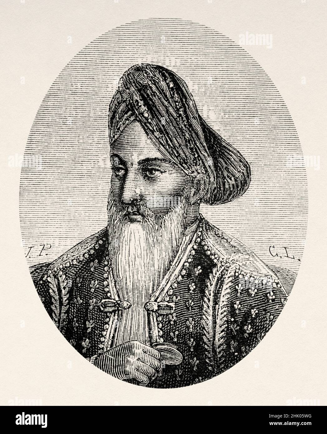 Portrait of Amir-i Kabir. Emir Dost Mohammad Khan Barakzai (1793-1863) was the founder of the Barakzai dynasty and one of the prominent rulers of Afghanistan during the First Anglo-Afghan War, Asia. Old 19th century engraved illustration from Trip to Punjab and Kashmir by Guillaume Lejean, Le Tour du Monde 1870 Stock Photo