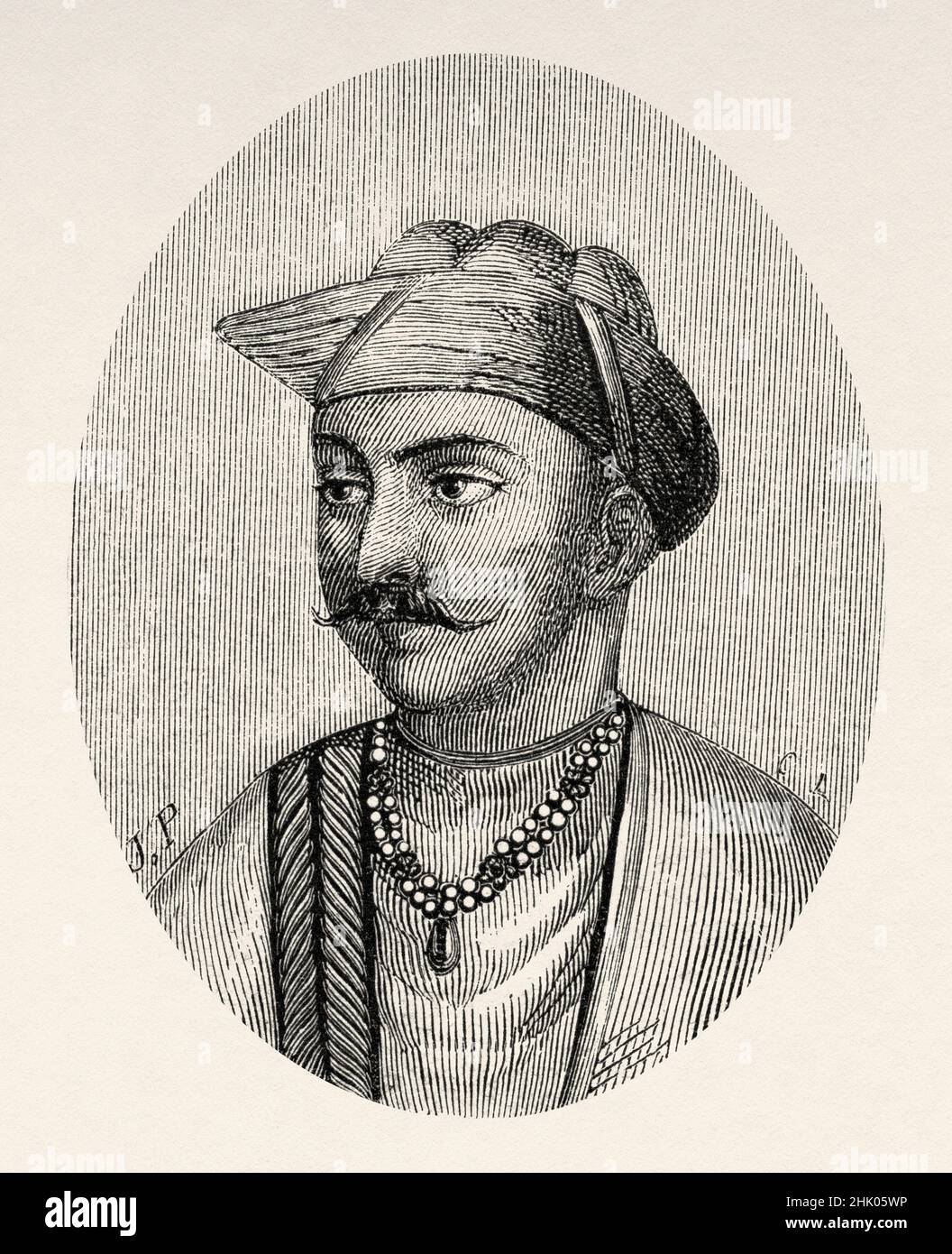 Portrait of Nana Sahib (1824 – disappeared 1857) born as Dhondu Pant was an Indian Maratha aristocrat, he led the Cawnpore rebellion during the Indian Rebellion of 1857, India, Asia. Old 19th century engraved illustration from Trip to Punjab and Kashmir by Guillaume Lejean, Le Tour du Monde 1870 Stock Photo