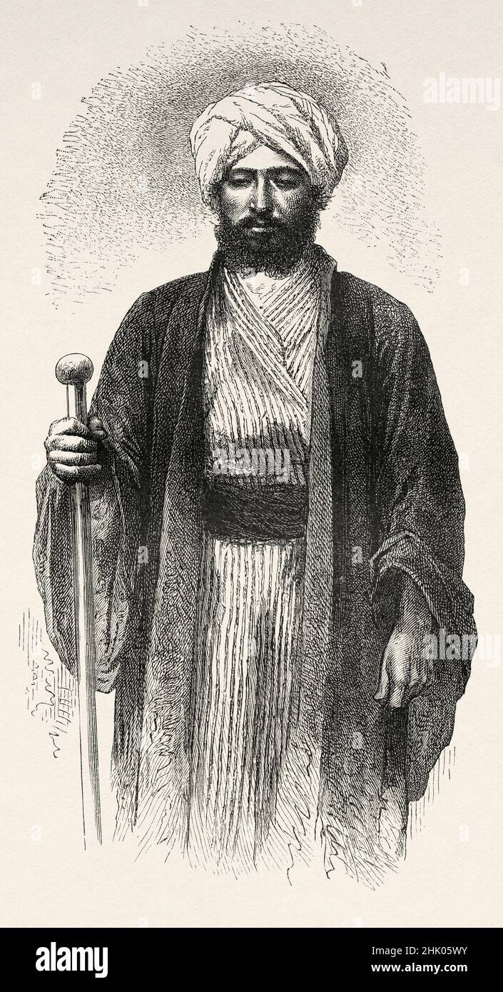 Portrait of doctor Leitner dressed in typical Afghan costume, Asia. Old 19th century engraved illustration from Trip to Punjab and Kashmir by Guillaume Lejean, Le Tour du Monde 1870 Stock Photo