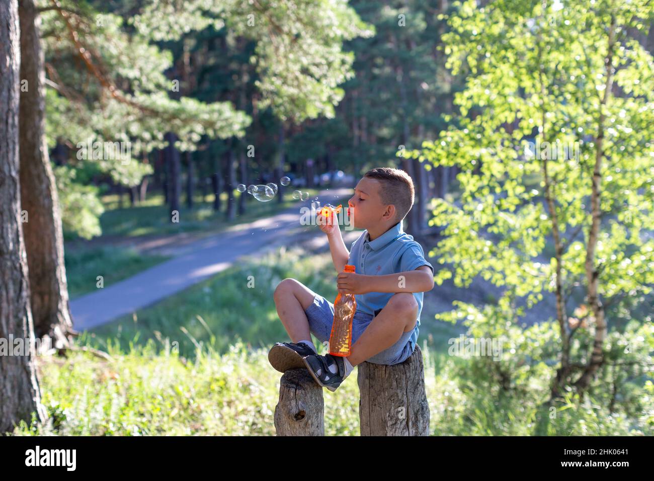 A boy sits on a tree stump in the park and blows soap bubbles Stock Photo