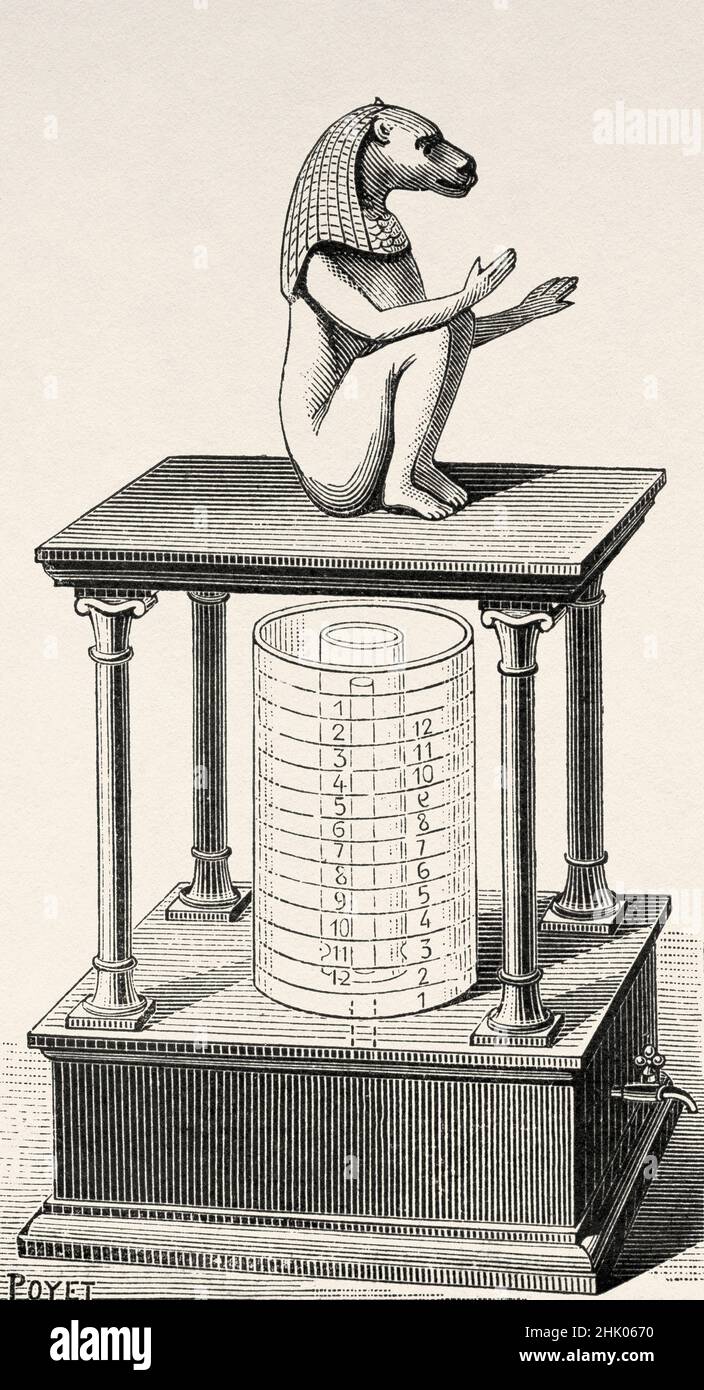 Water clocks. Egyptian clock. Old 19th century engraved illustration from La Nature 1884 Stock Photo