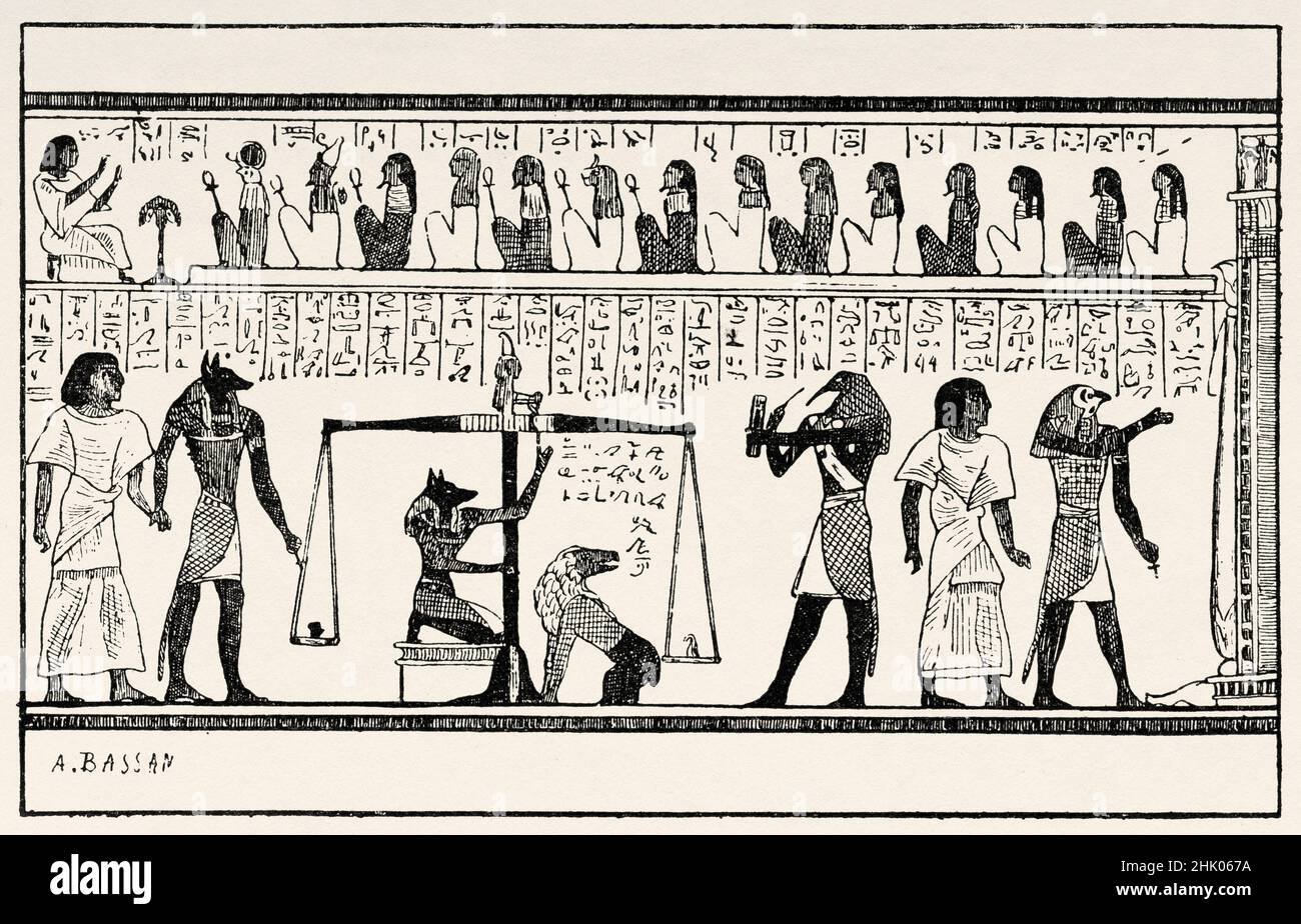 The Weighing of Souls, from the Egyptian Book of the Dead. Egypt. Old 19th century engraved illustration from La Nature 1884 Stock Photo