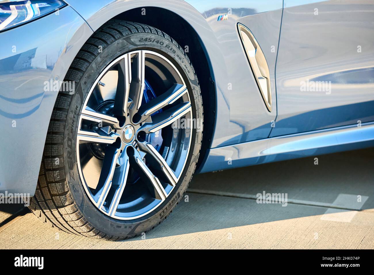 Berlin - October 2021: BMW 8 Series G16 Gran Coupe 840i xDrive M-pack car  closeup alloy wheel with Pirelli r19 p zero winter tires side view with m  Stock Photo - Alamy