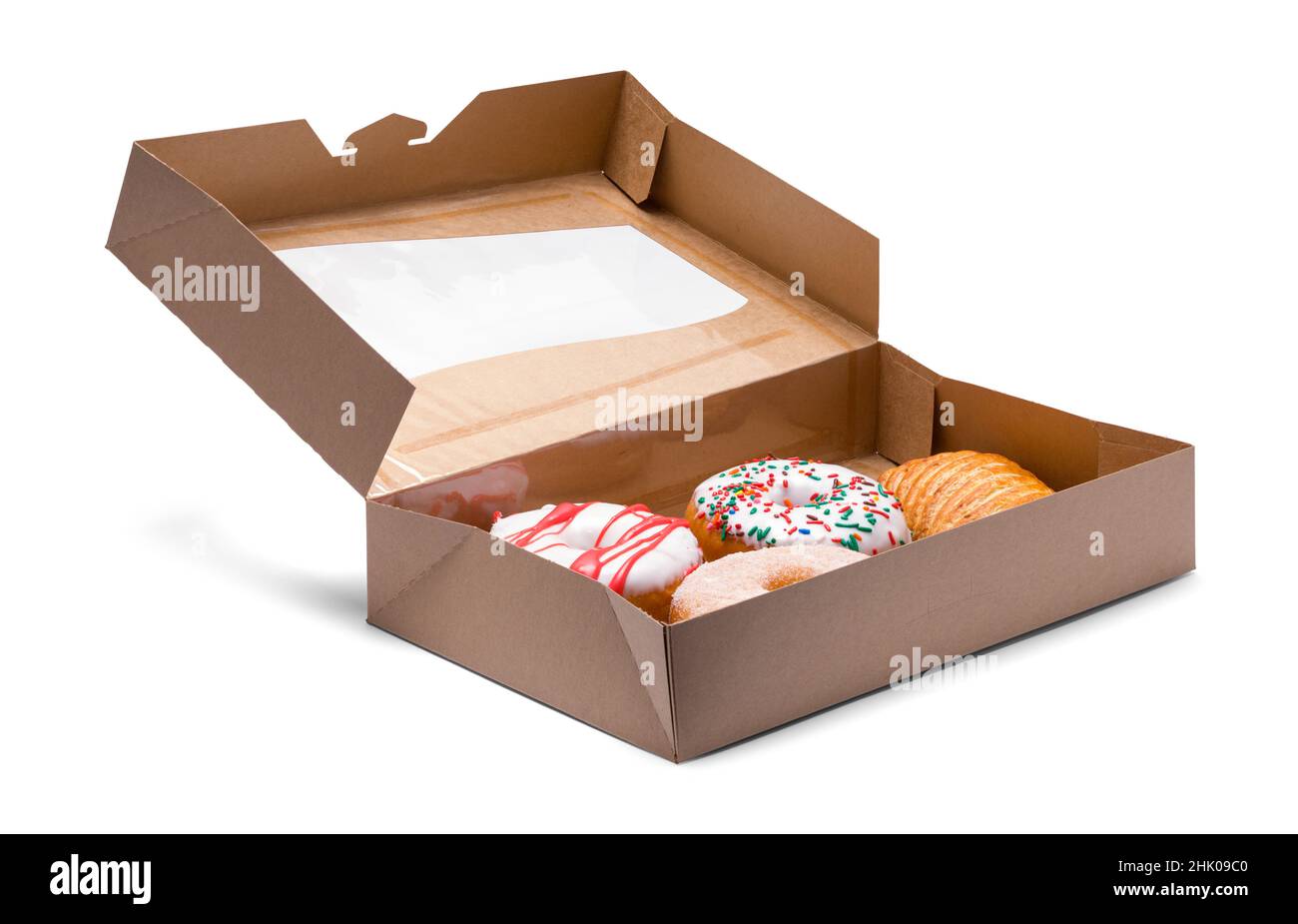 Various Glazed and Frosted Doughnuts in a Box. Stock Photo