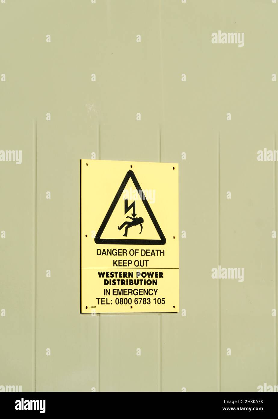 Western power distribution warning sign of death from electric shock Stock Photo