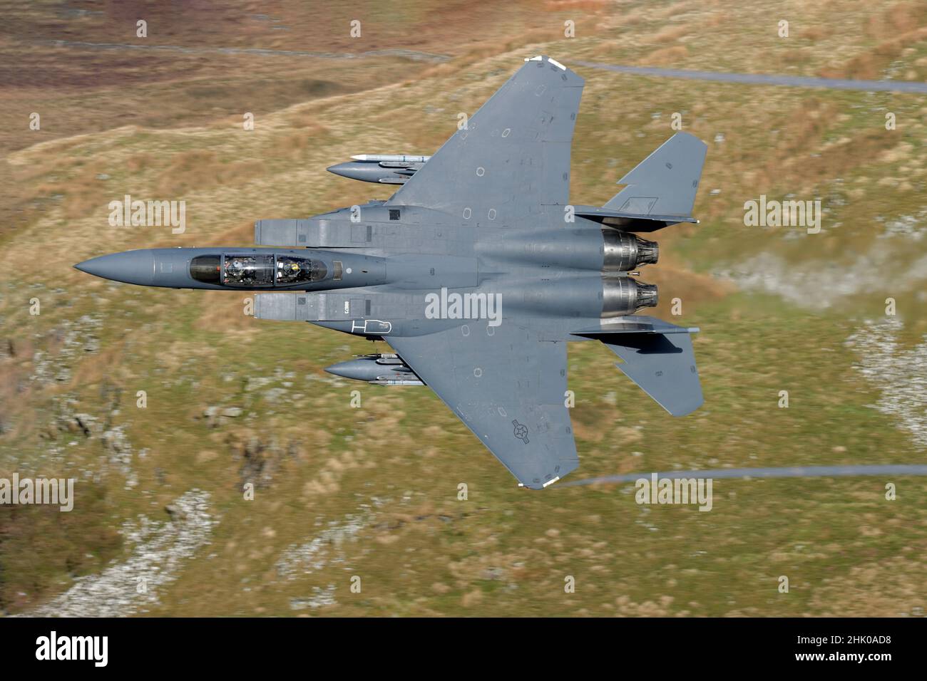 88-1673 McDonnell Douglas F-15E Strike Eagle, low level flight training in Wales, LFA7 Mach Loop Stock Photo