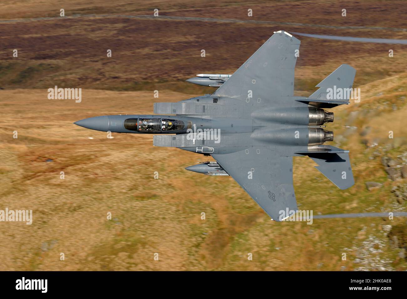 88-1673 McDonnell Douglas F-15E Strike Eagle, low level flight training in Wales, LFA7 Mach Loop Stock Photo