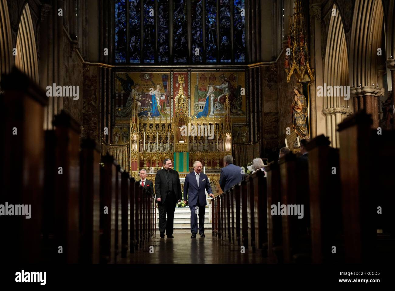 The Prince of Wales (right) with Father Dominic Robinson, the church's Parish Priest, during his visit to Dr Irina Bradley's 'Metamorphosis' icon exhibition at the Catholic Church of the Immaculate Conception in central London. Picture date: Tuesday February 1, 2022. Stock Photo