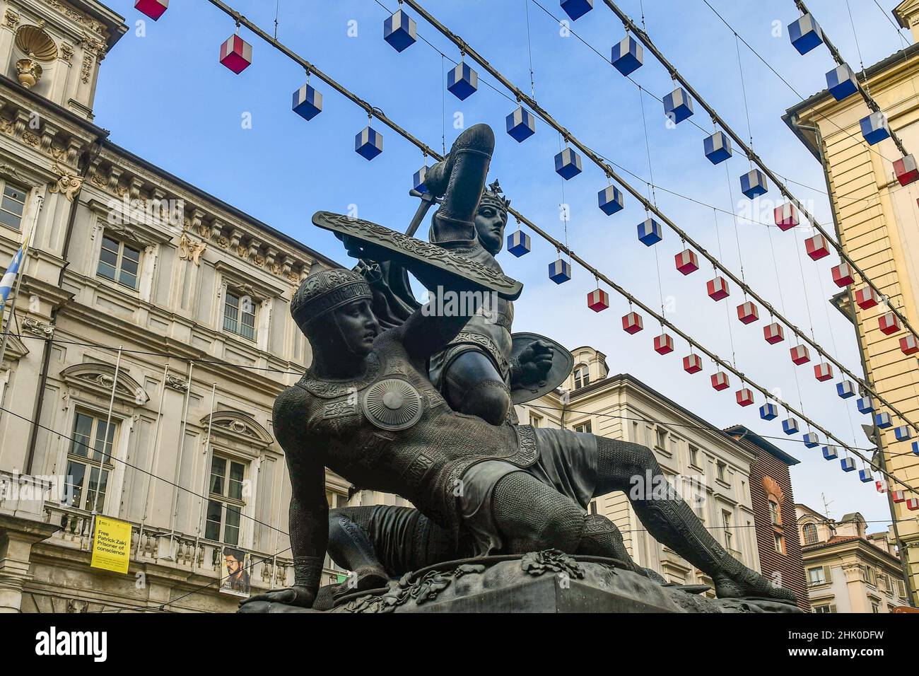 Monument to Amadeus VI of Savoy, called the Green Count, in Piazza Palazzo di Città, in front of the town hall of Turin, Piedmont, Italy Stock Photo