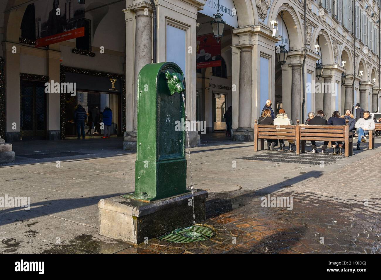 A typical public fountain called 'toret', that is 'small bull', one of the symbol of Turin, in Piazza San Carlo square, Piedmont, Italy Stock Photo