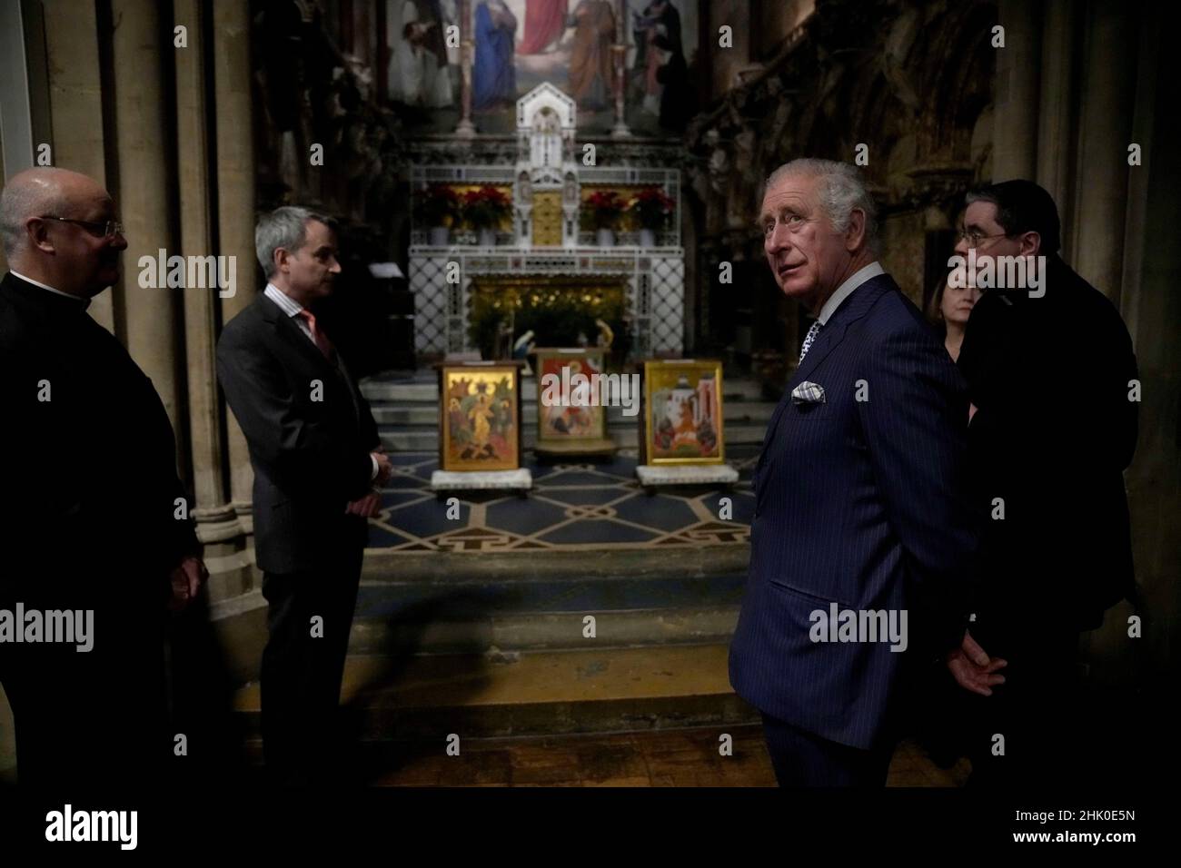 The Prince of Wales (right) during his visit to Dr Irina Bradley's 'Metamorphosis' icon exhibition at the Catholic Church of the Immaculate Conception in central London. Picture date: Tuesday February 1, 2022. Stock Photo